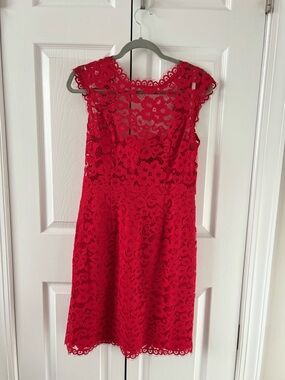 Shoshanna Red Floral Lace Midi Dress